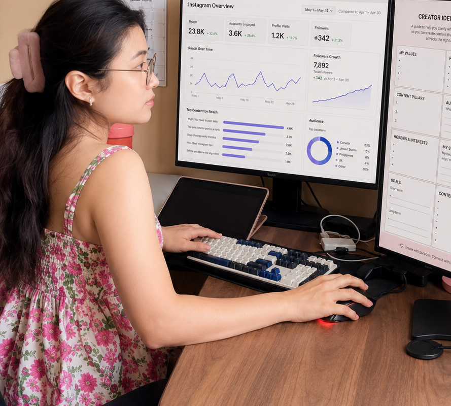 Mary An at a desk reviewing social media analytics on two screens