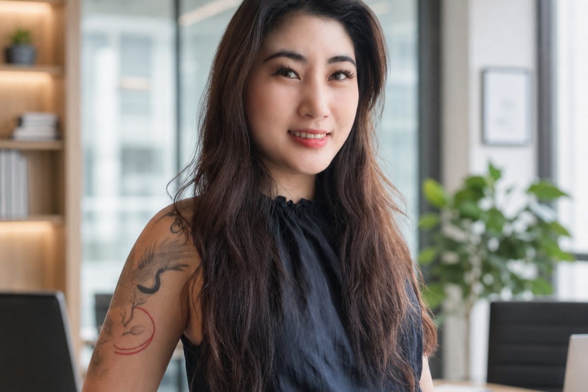 Mary An, social media strategist, standing in an office and smiling